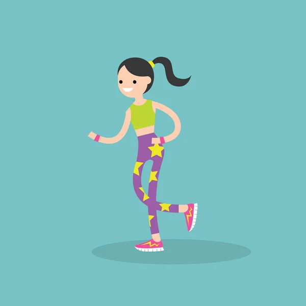 Entrenamiento de fitness para correr. Ejecutar carácter femenino / plana editabl — Vector de stock