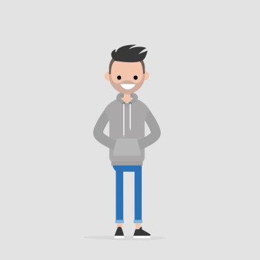 Gri hoodie ve kot giyen genç karakter. Sıradan günlük