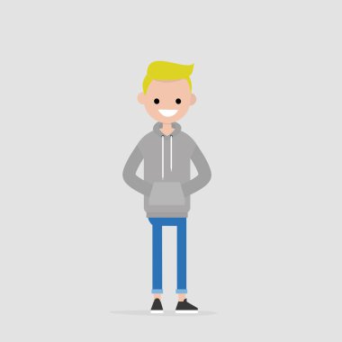 Gri hoodie ve kot giyen genç karakter. Sıradan günlük