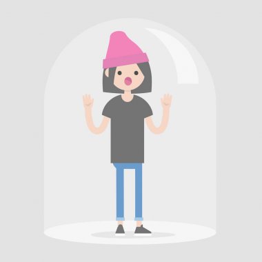 İstek için cam kubbe altında kapana genç kadın karakter 