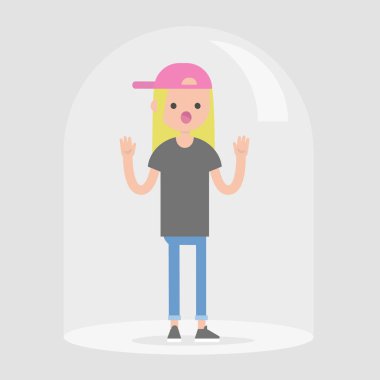 İstek için cam kubbe altında kapana genç kadın karakter 