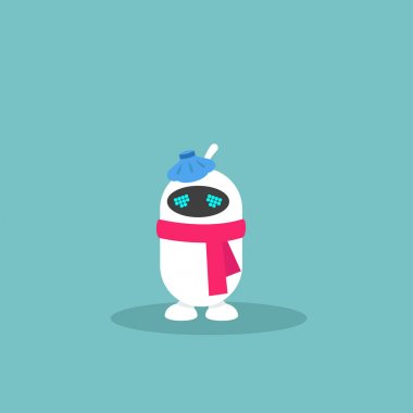 Virüs kavramsal çizimi. Hasta robot kırmızı eşarp ve 