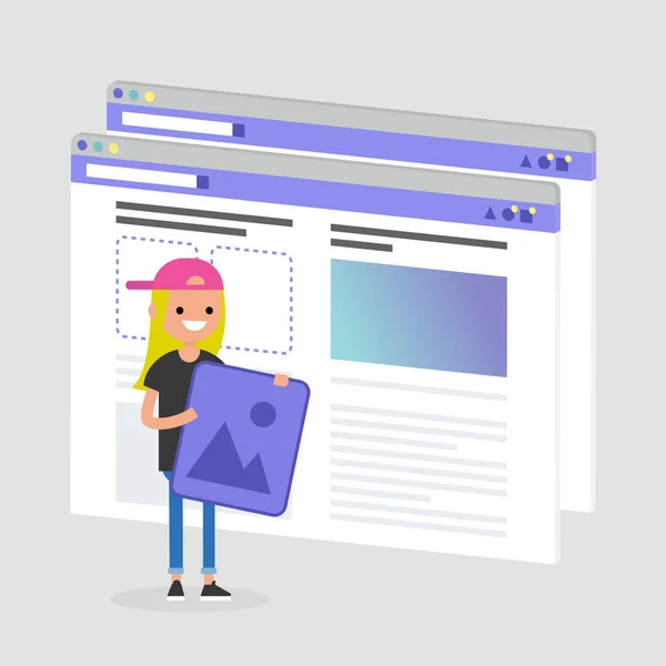 Joven personaje femenino haciendo un contenido para los medios de vida . — Vector de stock