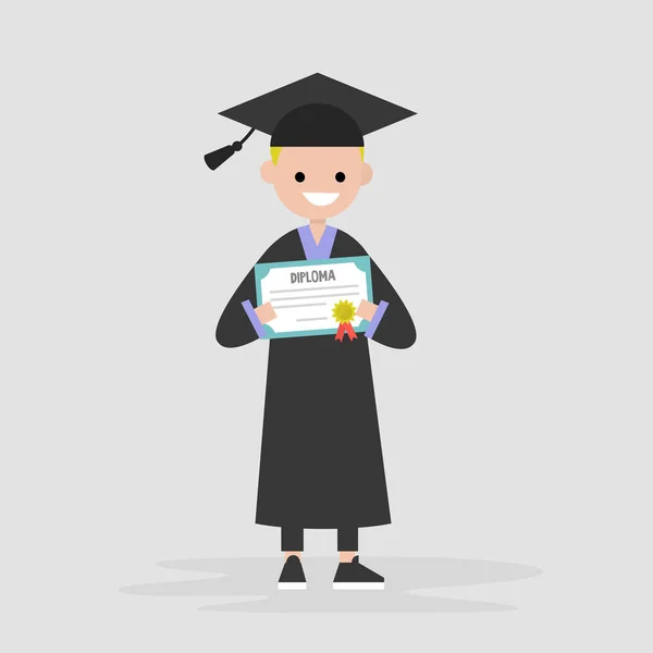 Young graduate wearing a black robe and holding a diploma certif — Stock Vector