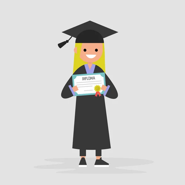 Young female graduate wearing a black robe and holding a diploma — Stock Vector