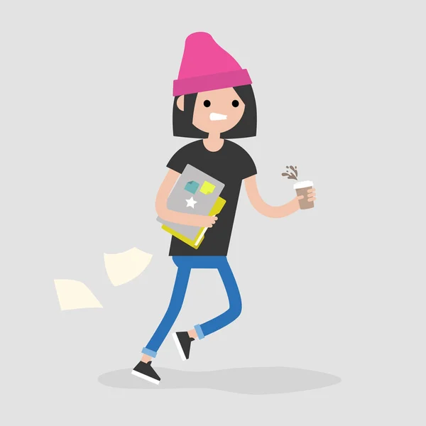 Joven personaje femenino llegando tarde a una reunión. Mañana de oficina — Vector de stock