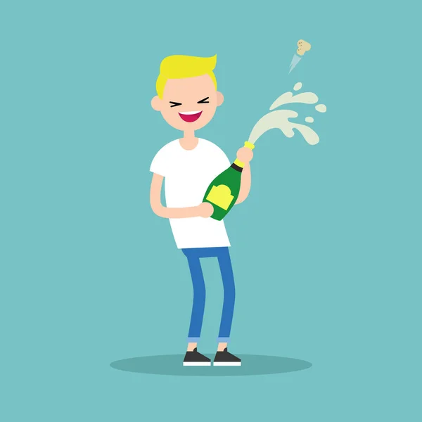 Celebration koncept. Ung blond pojke öppnar en flaska champag — Stock vektor