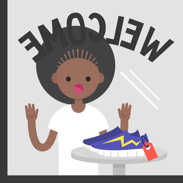 Young black female character staring at the pair of sneakers at — Stock Vector