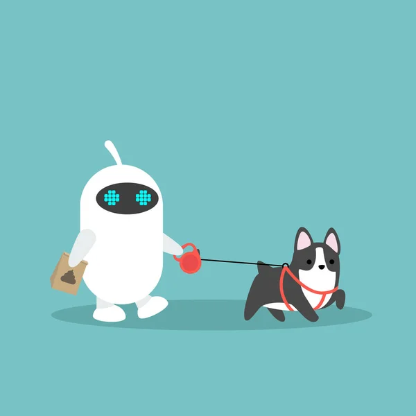 White domestic robot walking the dog / flat editable vector illu — Stock Vector