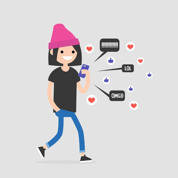 Jeune personnage de marche féminine vérifiant les notifications pop up — Image vectorielle