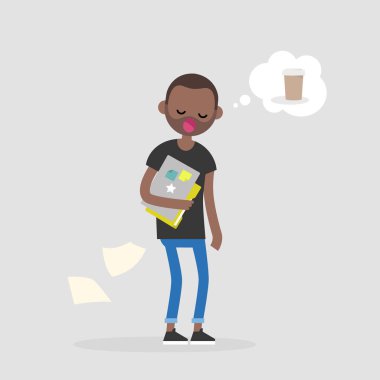 Kahve hakkında rüya genç siyah uykulu Yöneticisi. Sabah saat