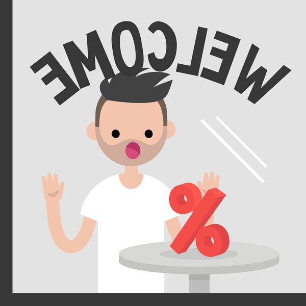 Молодой персонаж смотрит на символ процента на стеклянном футляре
.