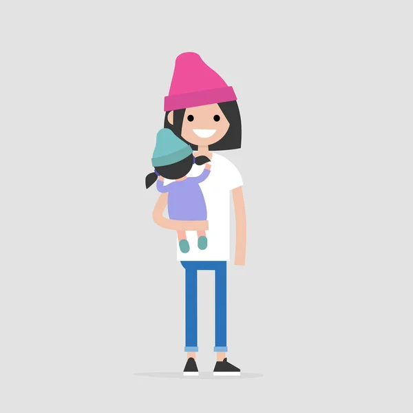 Madre joven sosteniendo a la hija. La paternidad. Joven fami moderna — Vector de stock