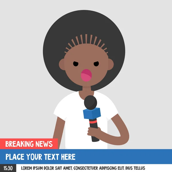 Aktuelle Nachrichten. junger seriöser Reporter mit Mikrofon. Mock — Stockvektor