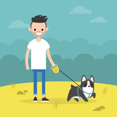 Köpek / düz düzenlenebilir vektör yürüyen adam gülümseyen genç sakallı