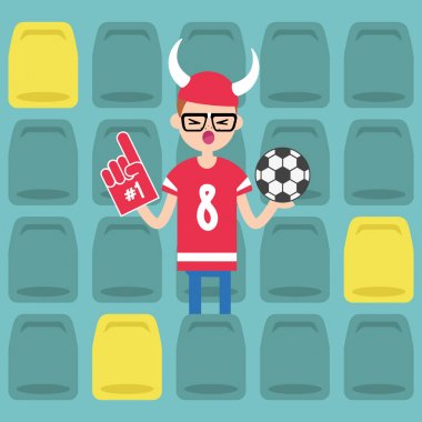 Young nerd wearing horned hat and foam finger at the stadium / f vector Young nerd wearing horned hat and foam finger at the stadium / f vector