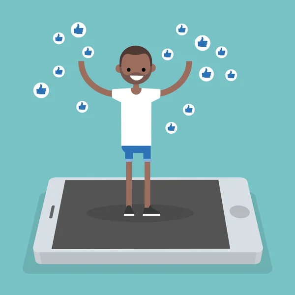 Giovane uomo nero di successo in piedi sullo schermo mobile e sollevando — Vettoriale Stock