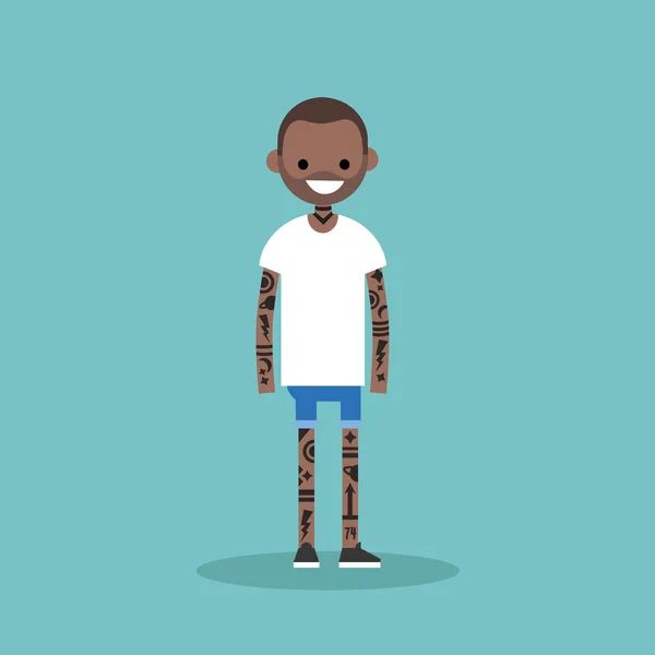 Giovane personaggio nero coperto con un modello di tatuaggio. Subcultura . — Vettoriale Stock