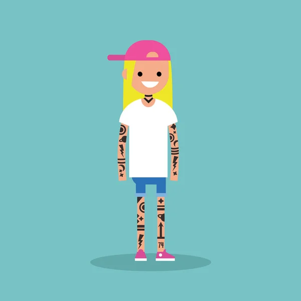 Junge weibliche Figur mit Tätowiermuster. Subkultur. — Stockvektor