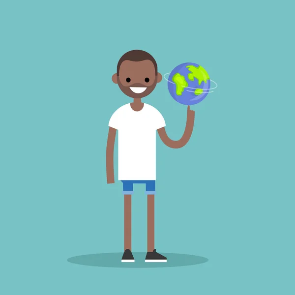 Jeune personnage noir tournant le globe sur doigt / plat editab — Image vectorielle