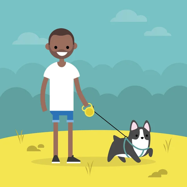 Joven sonriente hombre negro paseando el perro / plana editable vector i — Vector de stock