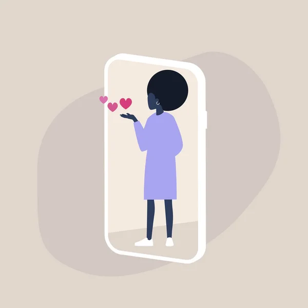 День святого Валентина, чорний жіночий персонаж, що б'є поцілунки на екрані смартфона, тисячолітній спосіб життя — стоковий вектор