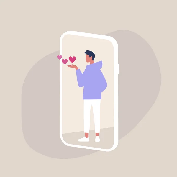 Szent Valentin nap, Fiatal férfi karakter fúj csókok egy okostelefon képernyőn, millenniumi életmód — Stock Vector