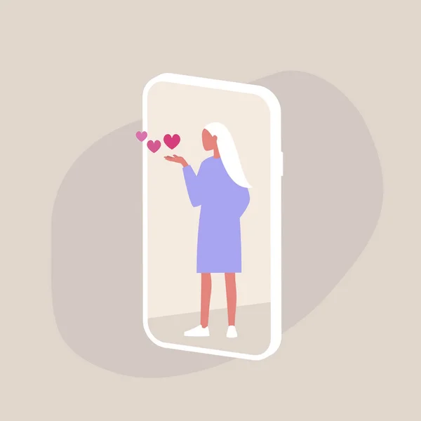San Valentín, Joven personaje femenino soplando besos en la pantalla de un teléfono inteligente, estilo de vida milenario — Vector de stock