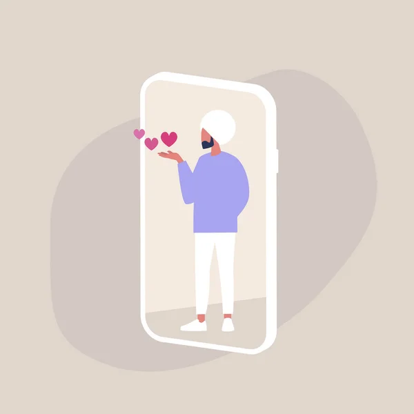 Saint Valentines Day, Young indian male character blowing kisses on a smartphone screen, millennial lifestyle — Stock Vector