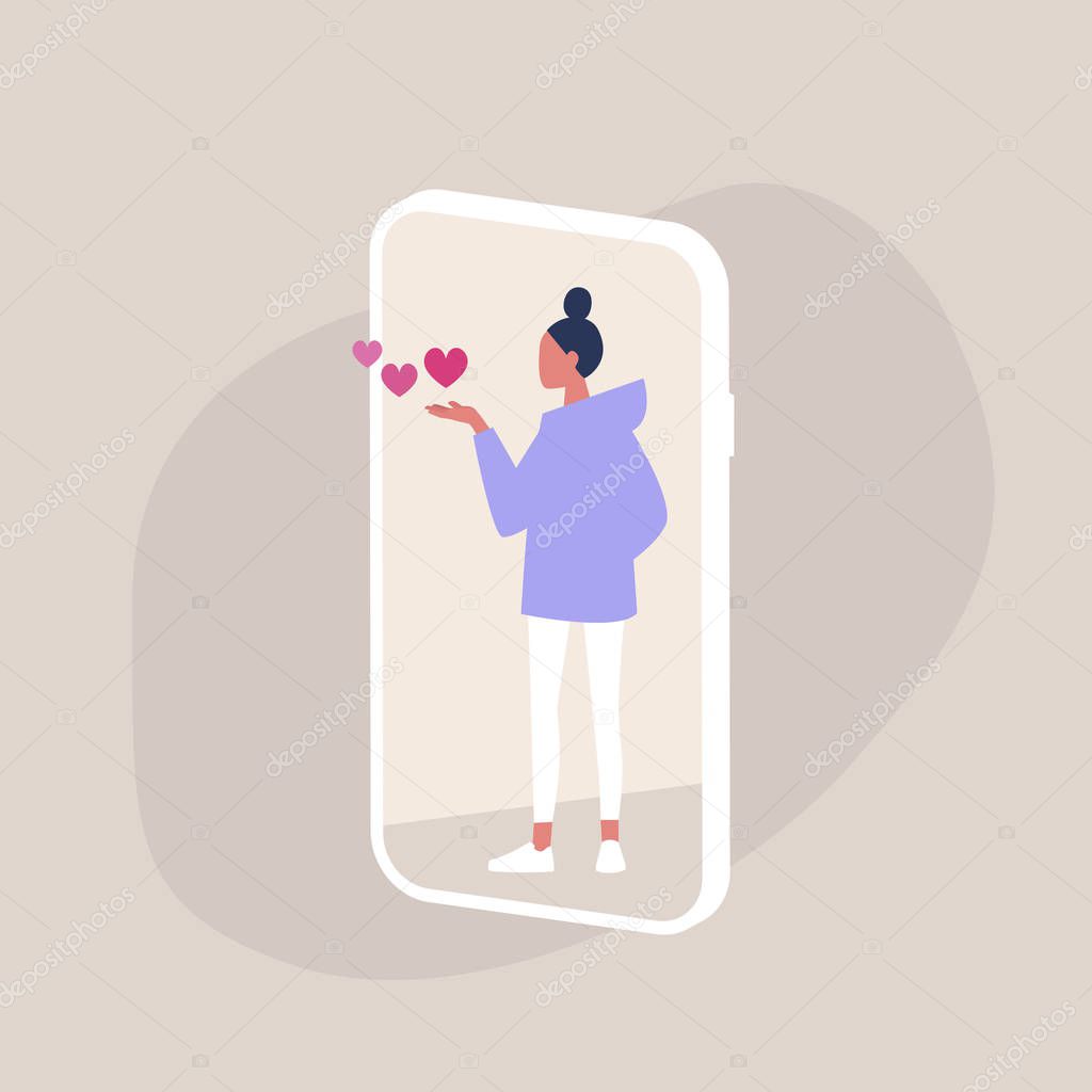 Saint Valentines Day, Young female character blowing kisses on a smartphone screen, millennial lifestyle