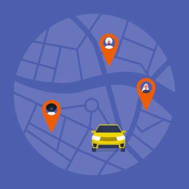 Servis haritası, taksi servisi, gezintiyi paylaşan yolcular, yeni teknolojiler ve yaşam tarzı