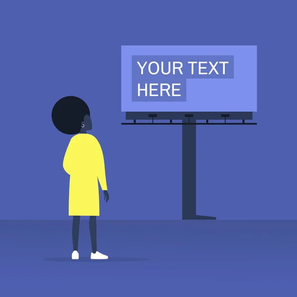 Din text här mockup, utomhus reklam, ung svart kvinnlig karaktär tittar på den stora skylt konstruktion — Stock vektor