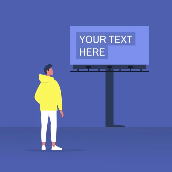 Din text här mockup, utomhus reklam, ung man karaktär tittar på den stora skylt konstruktion — Stock vektor