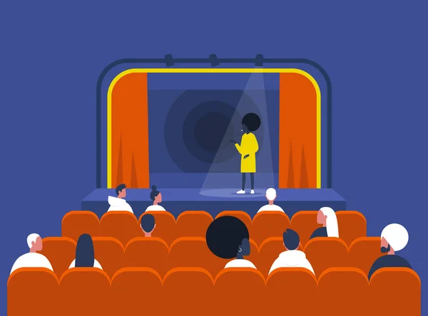 Entretenimento e cultura, Stand up comedy show, Jovem artista feminina negra se apresentando no palco e Audiência sentada em um teatro vintage com interior de moda antiga — Vetor de Stock