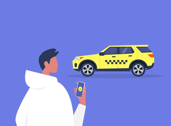 Jeune personnage masculin commandant un taxi avec un service d'application mobile, taxi jaune avec motif à carreaux — Image vectorielle