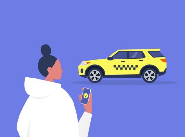 Mobil uygulama servisi olan bir taksi çağıran genç bir kadın karakter, damalı sarı bir taksi.