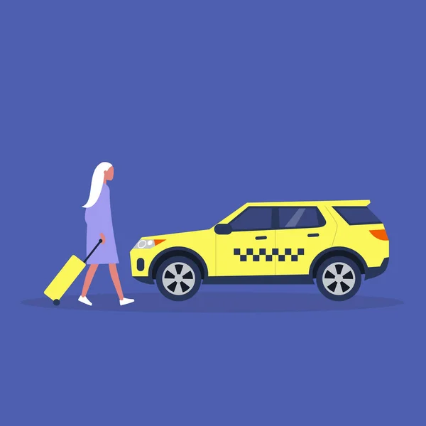 Fiatal turista nő bőrönddel beszáll egy taxiba, repülőtérre — Stock Vector