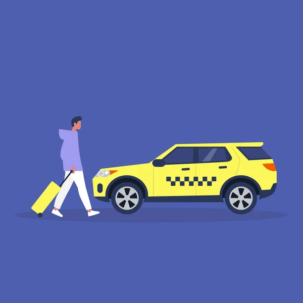 Joven turista masculino con una maleta subiendo a un taxi, aeropuerto tr — Vector de stock