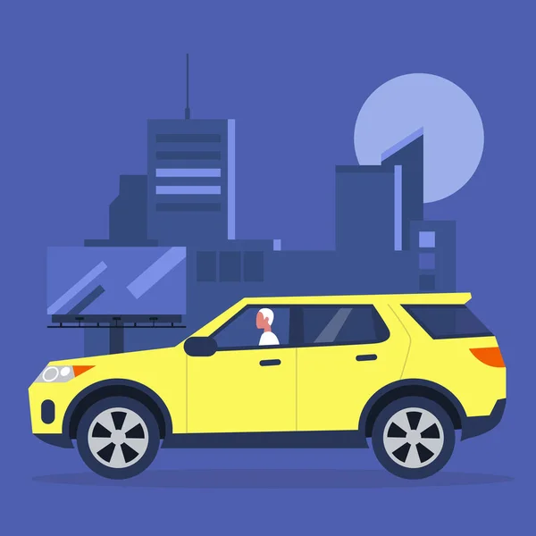 Joven personaje masculino conduciendo un coche SUV en el centro de la ciudad, urb — Vector de stock