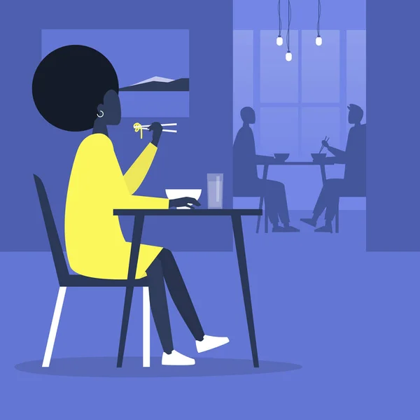 Jeune personnage féminin noir mangeant des nouilles avec baguettes insi — Image vectorielle
