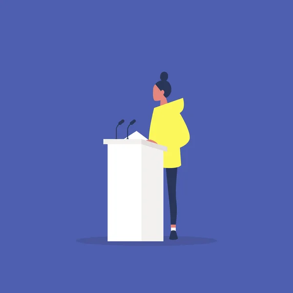 Political debate, young female speaker arguing behind the podium, freedom of speech — Stock Illustration Political Debate Young Female Speaker Arguing Podium Freedom Speech Stock Vector