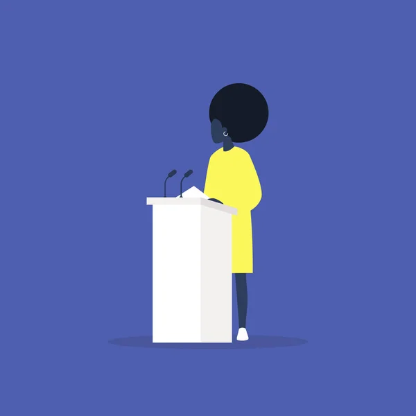 Πολιτική Συζήτηση Νεαρή Μαύρη Ομιλήτρια Που Επιχειρηματολογεί Πίσω Από Βήμα — Διανυσματικό Αρχείο