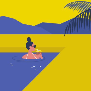 Sıcak güneşli yaz havası, havuzda yüzen ve hindistan cevizi suyu içen genç bir kadın karakter.