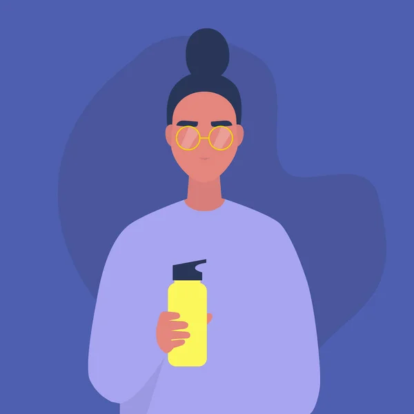 Een Portret Van Een Jong Vrouwelijk Karakter Drinkwater Uit Een — Stockvector