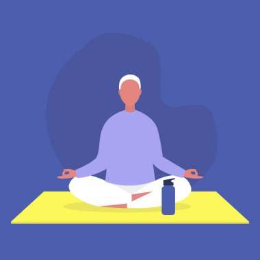 Lotus pozisyonunda oturan genç erkek karakter, rahatlama ve meditasyon, yoga stüdyosu