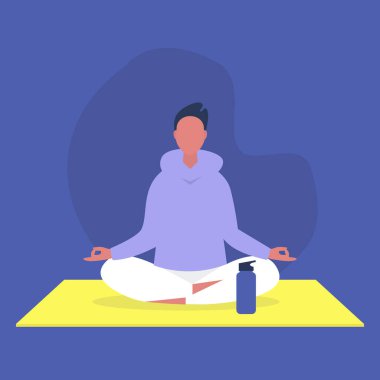 Lotus pozisyonunda oturan genç erkek karakter, rahatlama ve meditasyon, yoga stüdyosu