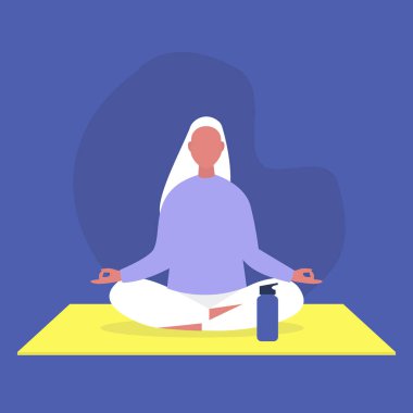 Lotus pozisyonunda oturan genç bir kadın karakter, rahatlama ve meditasyon, yoga stüdyosu.