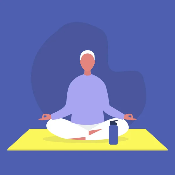 Jeune Personnage Masculin Assis Position Lotus Relaxation Méditation Studio Yoga — Image vectorielle