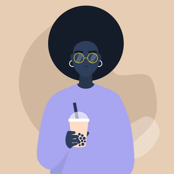 Retrato Uma Jovem Personagem Feminina Negra Segurando Uma Xícara Chá — Vetor de Stock