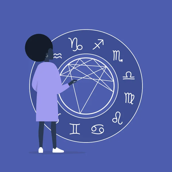 Astrologi Koncept Ung Svart Kvinnlig Karaktär Läser Ett Födelsediagram Framtida — Stock vektor
